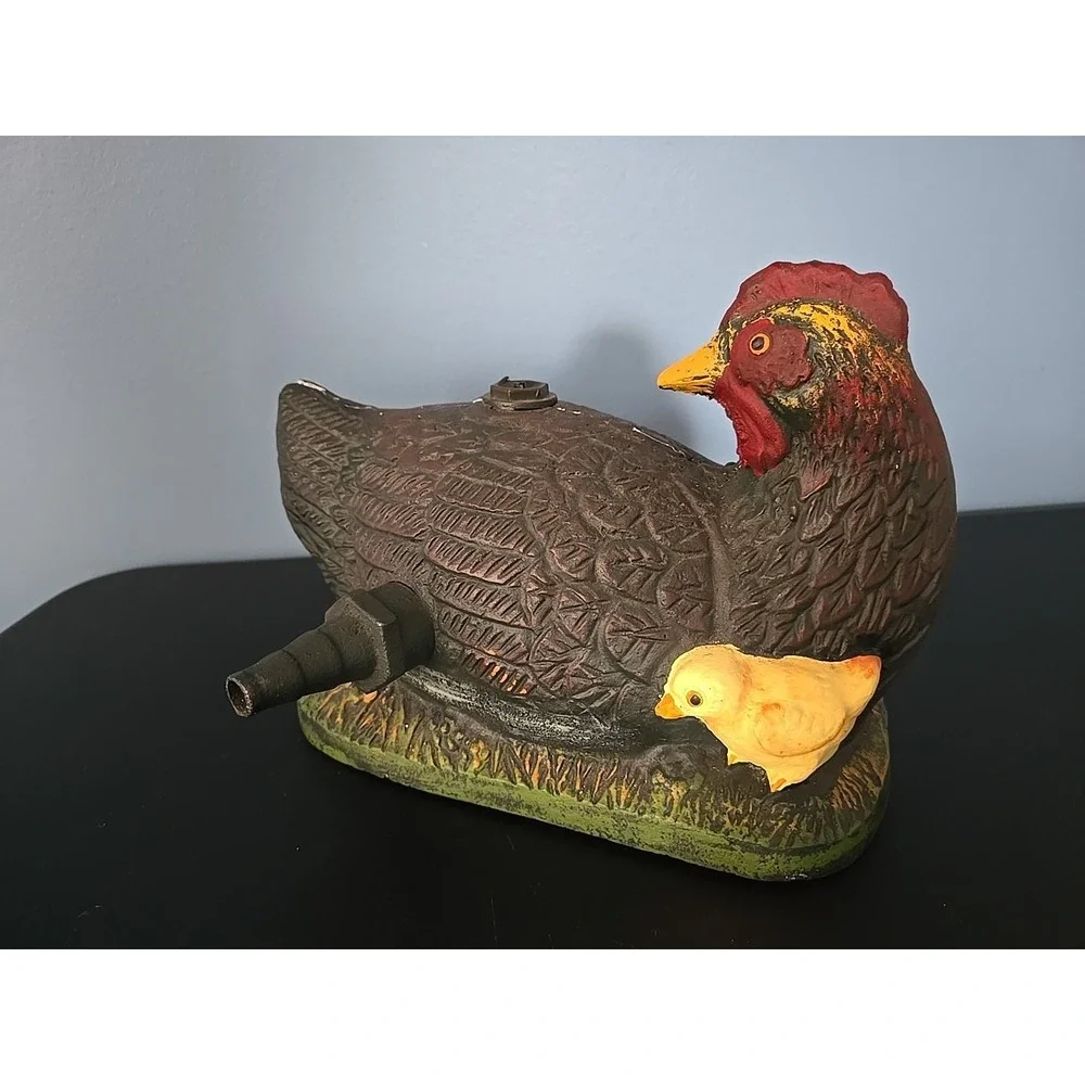 Vintage Cast Iron Painted Chicken Hen & Baby Chicks Metal Doorstop